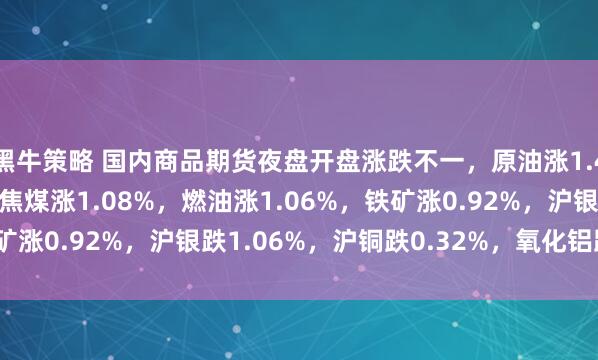 黑牛策略 国内商品期货夜盘开盘涨跌不一，原油涨1.49%，菜粕涨1.3%，焦煤涨1.08%，燃油涨1.06%，铁矿涨0.92%，沪银跌1.06%，沪铜跌0.32%，氧化铝跌0.26%
